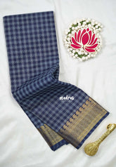 Blue with Grey - Classic Kanchi Cotton Kandangi Checks Zari Border without Blouse - Best for Temple Visit