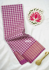 Magenta with White - Classic Kanchi Cotton Kandangi Checks Zari Border without Blouse - Best for Temple Visit