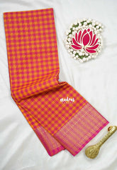 Orange with Pink - Classic Kanchi Cotton Kandangi Checks Zari Border without Blouse - Best for Temple Visit