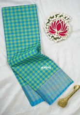 Light Green with Blue - Classic Kanchi Cotton Kandangi Checks Zari Border without Blouse - Best for Temple Visit