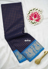 Midnight Blue - Fusion Kanchi Cotton in Sungudi Checks Style with Peacock Border with No Blouse - Best for Temple Visit