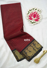 Araku Maroon - Fusion Kanchi Cotton in Sungudi Checks Style with Peacock Border with No Blouse - Best for Temple Visit