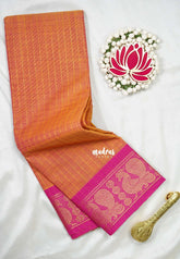 Mustard Orange - Fusion Kanchi Cotton in Sungudi Checks Style with Peacock Border with No Blouse - Best for Temple Visit