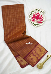 Mustard Brown - Fusion Kanchi Cotton in Sungudi Checks Style with Peacock Border with No Blouse - Best for Temple Visit