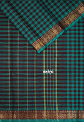 Teal with Brown - Classic Kanchi Cotton Kandangi Checks Mayil Zari Border without Blouse - Best for Temple Visit