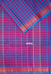 Blue with Pink - Classic Kanchi Cotton Kandangi Checks Mayil Zari Border without Blouse - Best for Temple Visit