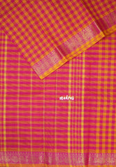 Orange with Pink - Classic Kanchi Cotton Kandangi Checks Floral Zari Border without Blouse - Best for Temple Visit