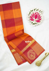 Orange with Red - Classic Kanchi Cotton Kandangi Checks Mango Zari Border without Blouse - Best for Temple Visit