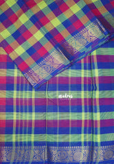 Blue, Pink and Green - Classic Kanchi Cotton Paalum Pazhamum Madras checks with Mayil Border without Blouse - Best for Temple Visit