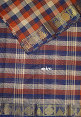 Blue, Brown and Beige - Classic Kanchi Cotton Paalum Pazhamum Madras checks with Ruddraksham and Temple Border without Blouse - Best for Temple Visit