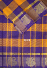 Purple with Orangish Yellow - Classic Kanchi Cotton Kandangi Checks Mango Zari Border without Blouse - Best for Temple Visit