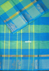 Blue with Light Green - Classic Kanchi Cotton Kandangi Checks Mayil Zari Border without Blouse - Best for Temple Visit
