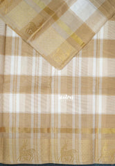 White with Sandal - Classic Kanchi Cotton Kandangi Checks Maan Zari Border without Blouse - Best for Temple Visit