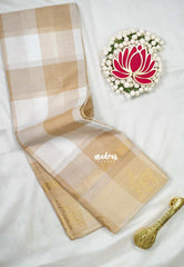 White with Sandal - Classic Kanchi Cotton Kandangi Checks Maan Zari Border without Blouse - Best for Temple Visit