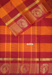 Orange with Red - Classic Kanchi Cotton Kandangi Checks Mango Zari Border without Blouse - Best for Temple Visit
