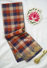 Blue, Brown and Beige - Classic Kanchi Cotton Paalum Pazhamum Madras checks with Ruddraksham and Temple Border without Blouse - Best for Temple Visit