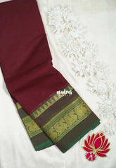 Wine Maroon - Classic Kanchi Cotton Plain Body with Peacock Border - Best for Small Functions