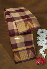 Sandal with Maroon - Classic Kanchi cotton Kandangi Kattam with Peacock Border without Blouse - Best for Temple Visit