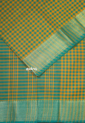 Yellow with Green - Classic Kanchi cotton Muthukattam with Zari Border without Blouse - Best for Temple Visit