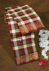 Sandal, Green and Maroon - Classic Kanchi cotton Paalum Pazhamum Kattam with Peacock Border without Blouse - Best for Temple Visit