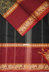 Jet Black - Classic Kanchi Cotton Vanasingaram Full Weaving with Blouse - Best for Temple Visit