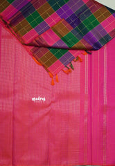 Multicolor - Kumudavalli - Pure Kanchivaram Wedding Bridal Silk Saree Borderless Vintage Paalum Pazhamum Checks with Zari Woven - Perfect for Wedding Functions