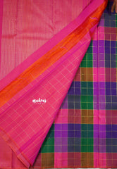 Multicolor - Kumudavalli - Pure Kanchivaram Wedding Bridal Silk Saree Borderless Vintage Paalum Pazhamum Checks with Zari Woven - Perfect for Wedding Functions