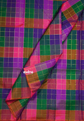 Multicolor - Kumudavalli - Pure Kanchivaram Wedding Bridal Silk Saree Borderless Vintage Paalum Pazhamum Checks with Zari Woven - Perfect for Wedding Functions