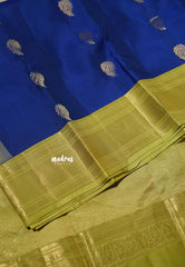 Royal Blue - Kumudavalli - Pure Kanchivaram Wedding Bridal Silk Saree Leaf Buttas with Floral Border - Perfect for Wedding Functions