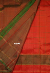 Vermilion Orange Red - Kumudavalli - Pure Kanchivaram Wedding Bridal Silk Saree Checks with Buttas - Perfect for Wedding Functions