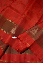 Vermilion Orange Red - Kumudavalli - Pure Kanchivaram Wedding Bridal Silk Saree Checks with Buttas - Perfect for Wedding Functions