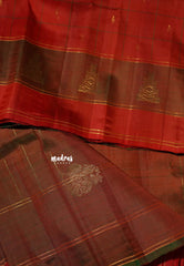 Vermilion Orange Red - Kumudavalli - Pure Kanchivaram Wedding Bridal Silk Saree Checks with Buttas - Perfect for Wedding Functions