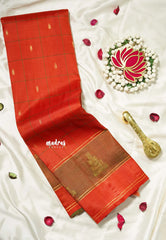 Vermilion Orange Red - Kumudavalli - Pure Kanchivaram Wedding Bridal Silk Saree Checks with Buttas - Perfect for Wedding Functions