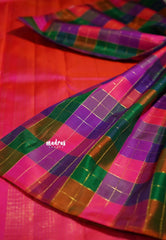 Multicolor - Kumudavalli - Pure Kanchivaram Wedding Bridal Silk Saree Borderless Vintage Paalum Pazhamum Checks with Zari Woven - Perfect for Wedding Functions