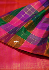 Multicolor - Kumudavalli - Pure Kanchivaram Wedding Bridal Silk Saree Borderless Vintage Paalum Pazhamum Checks with Zari Woven - Perfect for Wedding Functions