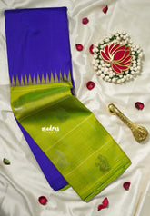 MS Amma Blue and Parrot Green - Kumudavalli - Pure Kanchivaram Wedding Bridal Silk Saree Half and Half Design mayil buttas - Perfect for Wedding Functions
