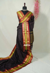 Dark Chocolate Brown - Kanimozhi - Premium Soft Silk Plian with Rudraksham, Mango Border - Best for Wedding Functions