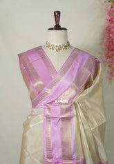 Golden Ivory Cream - Kanimozhi - Premium Soft Tissue Silk Saree with Mango Border - Best for Wedding Functions / onam
