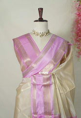 Golden Ivory Cream - Kanimozhi - Premium Soft Tissue Silk Saree with Mango Border - Best for Wedding Functions / onam