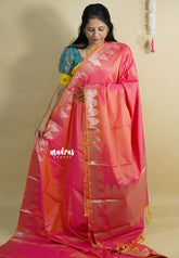 Dual Shade Pinkish orange - Kanimozhi - Premium dualshade soft silk with Temple Border