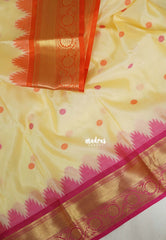 Creamy Ivory Beige-Contrast - Kanimozhi - Soft Silk Saree with Ganga Jamuna Border Contrast Pallu and Blouse - Best for Pooja Functions | Temple Visit