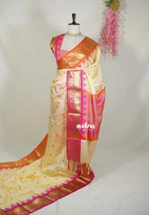 Creamy Ivory Beige-Contrast - Kanimozhi - Soft Silk Saree with Ganga Jamuna Border Contrast Pallu and Blouse - Best for Pooja Functions | Temple Visit