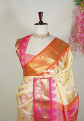 Creamy Ivory Beige-Contrast - Kanimozhi - Soft Silk Saree with Ganga Jamuna Border Contrast Pallu and Blouse - Best for Pooja Functions | Temple Visit