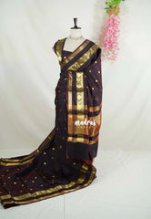 Dual Shade Dark Chocolate Brown - Kanimozhi - Premium Soft Silk with Rudraksham, Mango Border and Buttas - Best for Wedding Functions