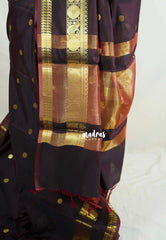 Dual Shade Dark Chocolate Brown - Kanimozhi - Premium Soft Silk with Rudraksham, Mango Border and Buttas - Best for Wedding Functions