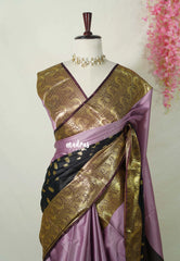 Jet Black with Mauve - Kanimozhi - Soft Silk Saree Partly Pallu Saree with Buttas - Best for Wedding Functions