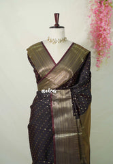 Dark Chocolate Brown - Kanimozhi - Soft Silk Saree Traditional Zari Border with Buttas - Best for Wedding Functions