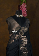 Jet Black - Kanimozhi - Soft Silk Saree with Floral Zari Border - Perfect for Small Functions
