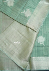 Earthy Seafoam Green - Kanimozhi - Soft Silk with Grooves Zari Flower Buttas in Body with Zari Border - Best for Small Functions