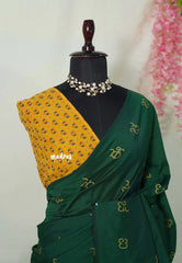 (PRE-BOOKING) Bottle Green - Aathini - Kannada Letters Handblock Printed Bamboo Cotton Double Blouse Combo